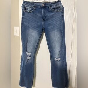KanCan for Maurices Flare Jeans Women 28 Blue Distressed Raw Hem Cropped